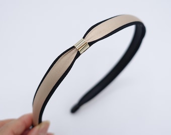 Narrow Satin Headband, Gold Metal Embellished Hairband, Slim Two-Tone Fabric Head Band, Elegant Minimalist Hair Accessories