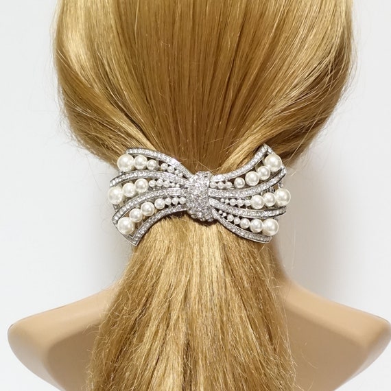 Pearl Rhinestone Decorated Leaf Wave Bow French Barrette 