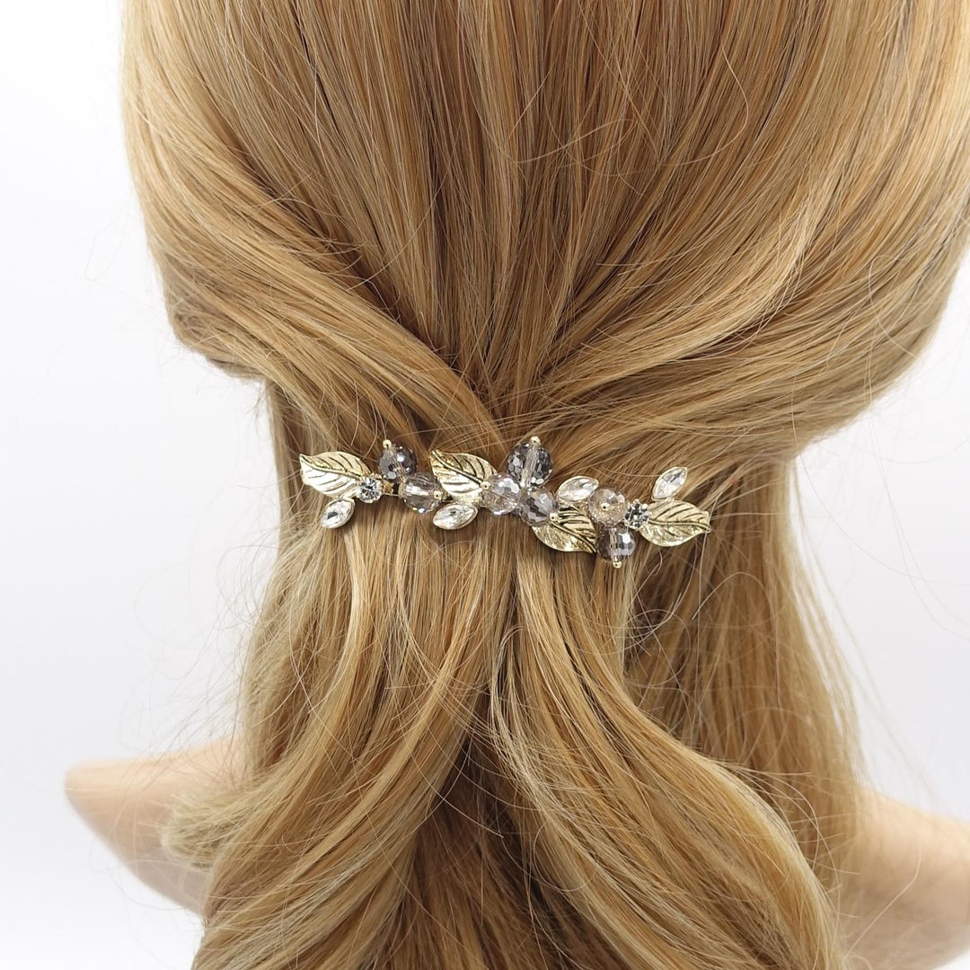 Crystal Leaf Hair Barrette: Golden Rhinestone Hair Clip - Etsy display picture 3