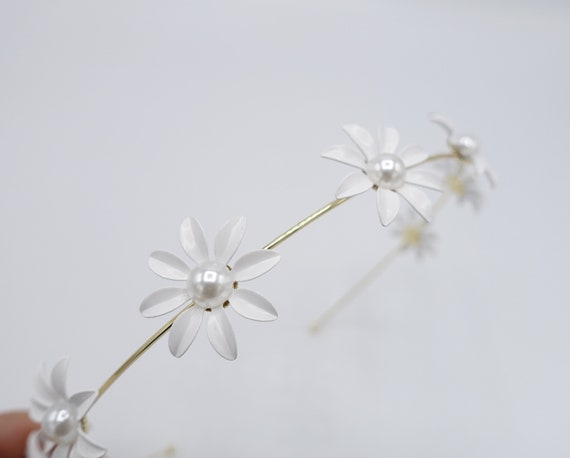 Silver Floral Metal Headband with Pearl Accents Silver Headband With Flowers Rhinestones and Pearl Accents  main image 3