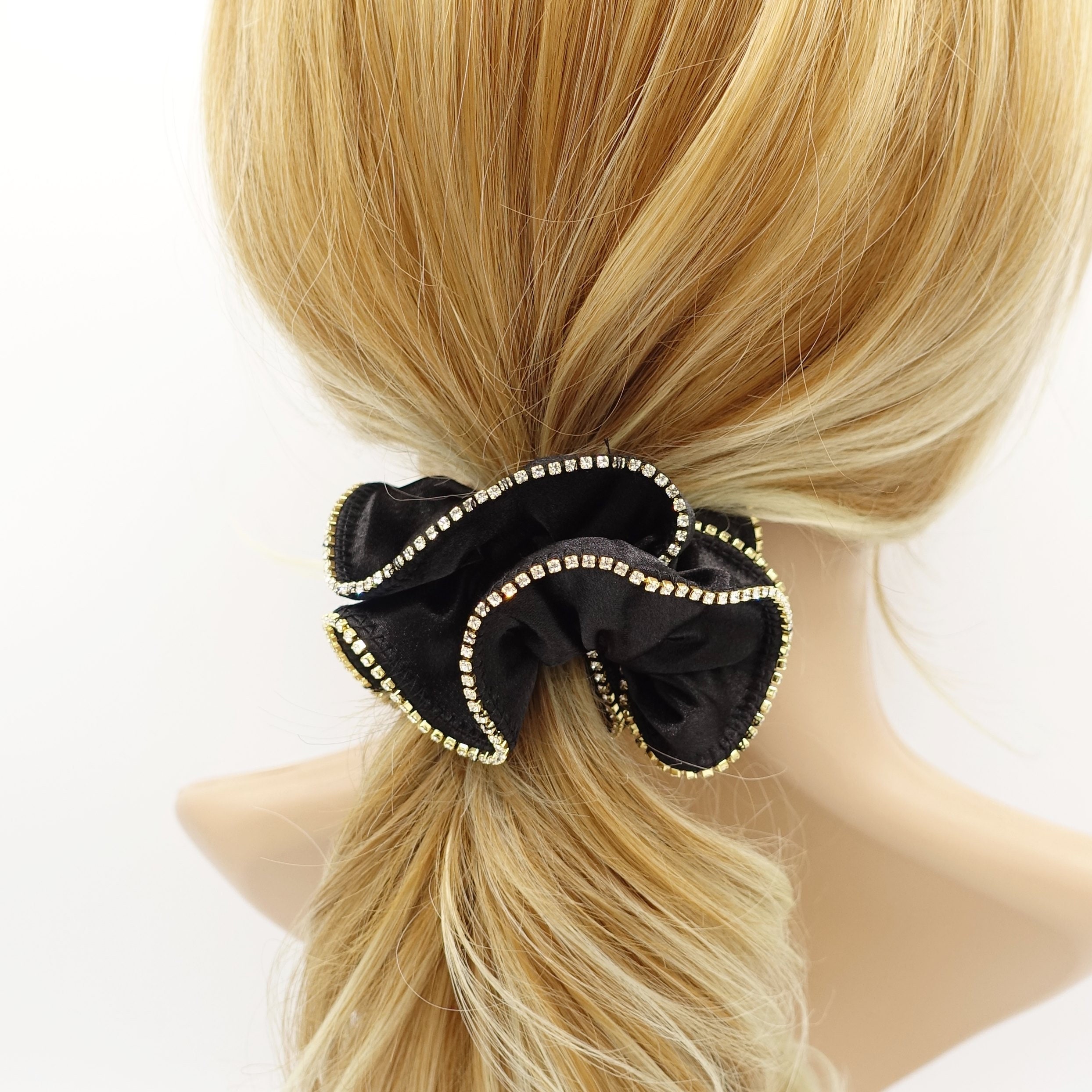 Satin Scrunchies Crystal Rhinestone Trim Edge Scrunchy Women