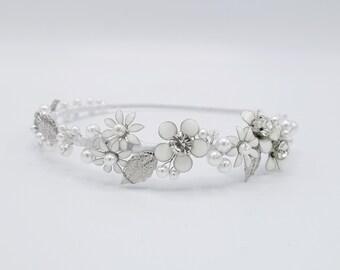 flower bridal headband  metal petal pearl embellished hairband for women