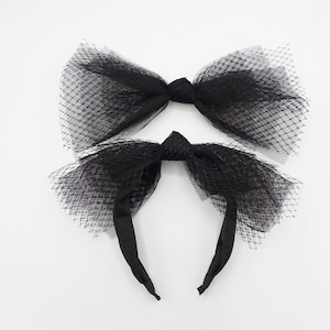 black mesh tulle hair bow voluminous veil bow knot headband fascinator hair accessory for women
