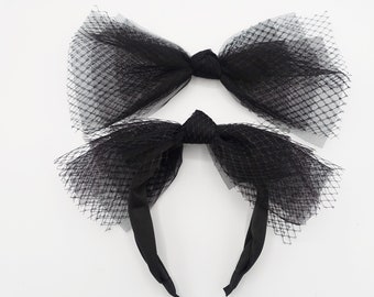 Black Mesh Tulle Hair Bow or Headband, Voluminous Fascinator