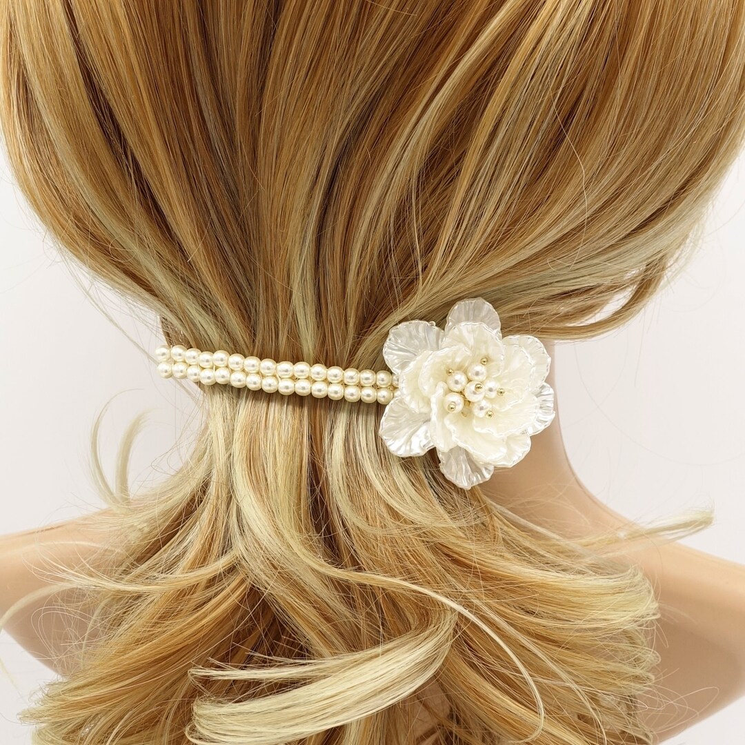 Pearl Decorated Flower Hair Barrette Snap Clip Woman Hair