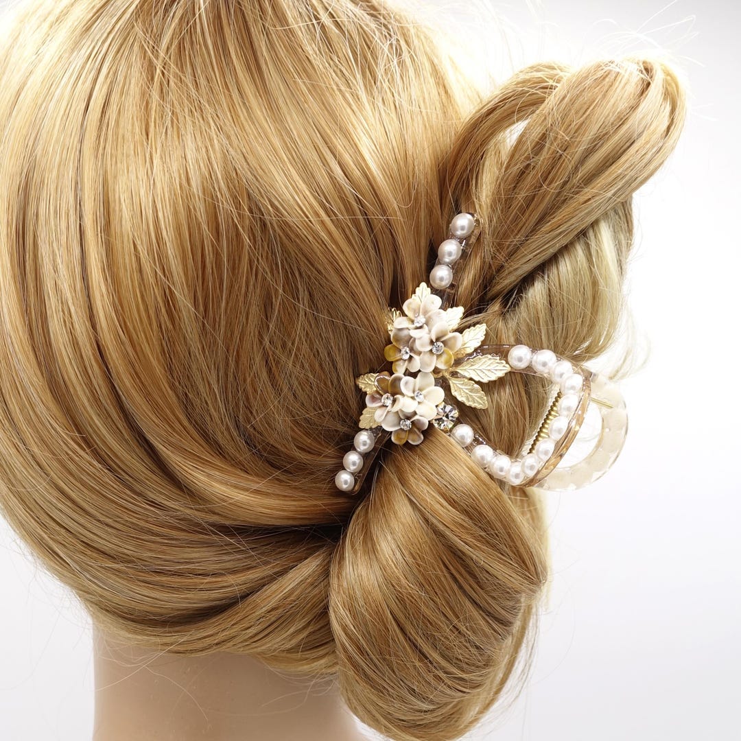 Gold Tone Pearl Leaf Hair Claw Clip Large Ornate Metal Statement 582 Amazon.com: Leaf Hair Clips with Tassel, Metal Hair Claw  main image 2