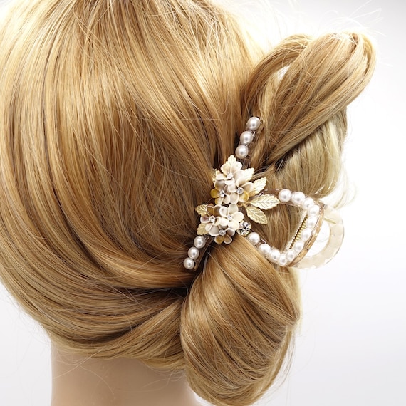Pearl Hair Claw: Floral Golden Leaf Hair Clip - Etsy display picture 1
