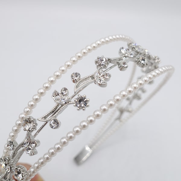 rhinestone flower branch triple headband pearl hairband for women