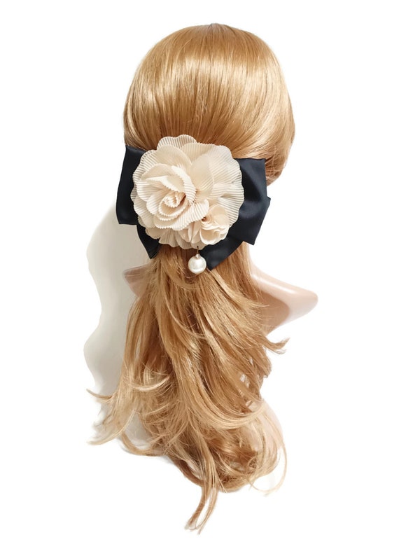 Pleated Flower French Barrette: Black Bow Hair Accessory - Etsy display picture 1