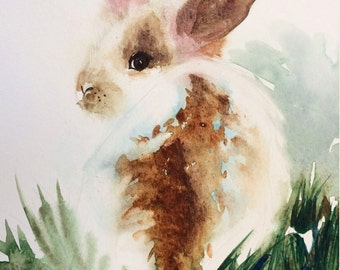 Watercolor Bunny Print, Rabbit Art,  Nursery Baby Shower Gift, girl's room, Children's Wall Decor, Cute  Animal Lover Gift,Brown and White