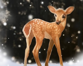 Aquarelle Woodland Deer Print, Baby Nursery, Marron et Blanc, Mignon Décor mural pour enfant,Peinture animalière,Cadeau de cerf d’hiver, Giclée d’art enneigée