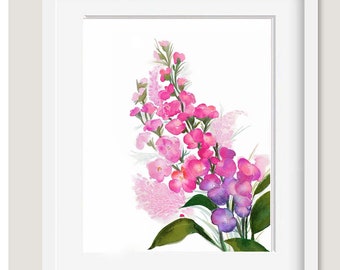 Pink Stocks watercolor flowers painting, floral art print, home decor, garden art, cozy home wall decoration, Pink and green Art Giclee