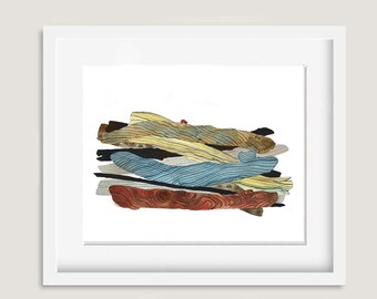 DriftWood home decor print , brown,gray, blue garden art. colorful country wall giclee nature  driftwood watercolor painting blue gray decor