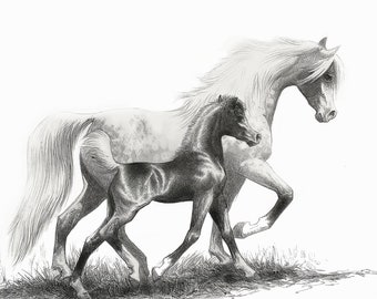 Mare and Foal Art, Pen and Ink drawing,Horse Lovers Gift, Cute Pony, Arabian Horse,Equine Wall Decor, Glicee, Black and White Gift For Her