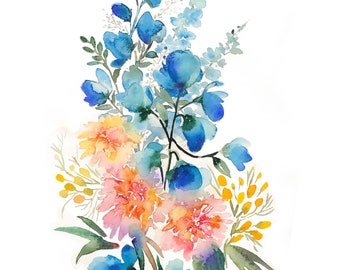 Watercolor Flowers, Flower Giclee Print, Blue And orange, Flower Fine Art, Blue Painting, Flower Art,Garden art,cottage decor,woodlandart