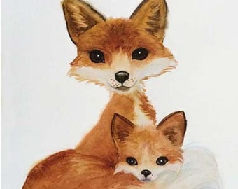 Watercolor Fox Art Print, Mom & Cub, Woodland Nursery Decor