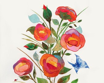 butterfly Print,Flower Art, Watercolor Flowers, Flower Peonies Print, Watercolor ROSES, Butterfly Art , Flower Art. Colorful Wall Art