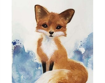 Golden Fox Art Print, Nursery Wall Decor,Woodland Watercolor Painting, Kid's Room Art, Cute Fox Gift for Her, Burnt orange and Blue & Brown