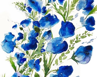 Flower Art, Watercolor Flowers, Blue and White Giclee Print, Blue And White, Beach Painting, Garden  gift,  wall decor ,Sea Print,SweetPeas