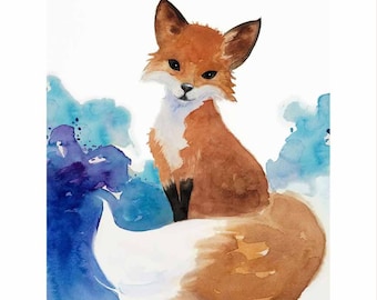 Cute watercolor fox giclee art print, Brown, white and blue decor, woodland nursery wall painting for fox lovers, Wall Art