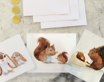 Tarjetas de felicitación de conejo y ardilla hechas a mano, juego de 3