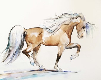 Watercolor Horse Art, Brown Pony Drawing, Watercolor Pen and Ink Painting,Animal Illustration,Brown and White Decor,Horse Print,Fun Giclee