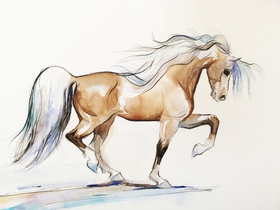 Horse running Original watercolor,ink drawing,equestrian equine,stallion,  animal