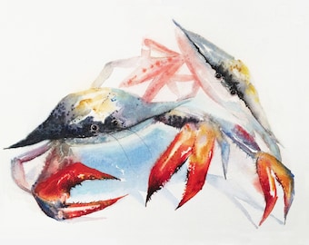 Watercolor Crab Art Print, Colorful Sealife Painting