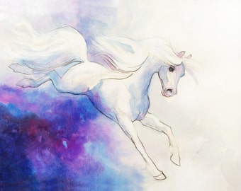 Watercolor White Horse Giclee Print, Girl's Room Art