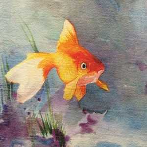 Impresión artística giclée de acuarela de pez dorado, naranja quemado y dorado
