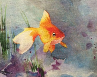 Goldfish Art,  Watercolor Fish painting, Animal Art, Wall Decor, Pet Art, Burnt Orange and Gold