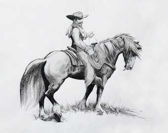 Art du cheval, impression de cheval à la plume et à l’encre, peinture occidentale, cadeau pour l’amant de cheval, cadeau pour elle, art de cowboy, cheval occidental, dessin de cheval, art de cowpony