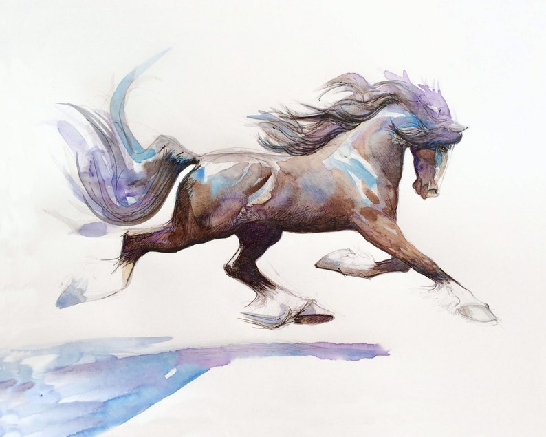 Pen and Ink PRINT Watercolor Painting Art by Iwakoshi Horse Art Horselovers Art,Wall Decor Gift Blue And Brown Decor Horse Drawing