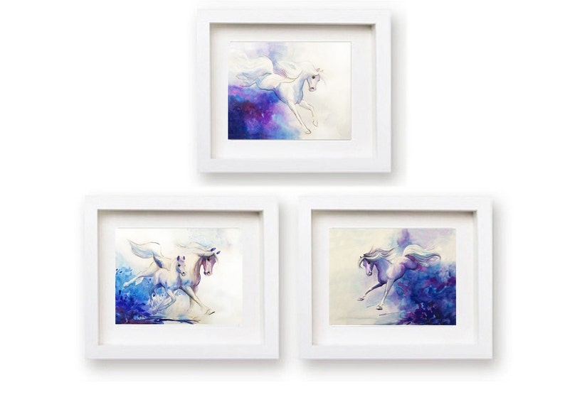 Watercolor Horse Painting Mare and Foal Art Blue and White Wall Decor