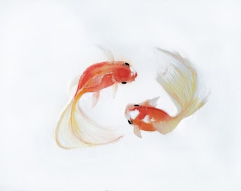 Watercolor Goldfish Print, Gold and White Painting, Sumi Art, Cute Nursery Art, Gift for Her