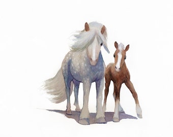 Impressão Giclée em Aquarela de Égua e Potro, Arte de Cavalo Azul e Branco