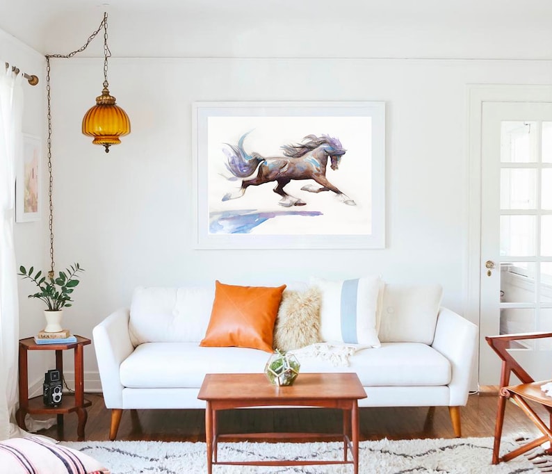 Pen and Ink PRINT Watercolor Painting Art by Iwakoshi Horse Art Horselovers Art,Wall Decor Gift Blue And Brown Decor Horse Drawing