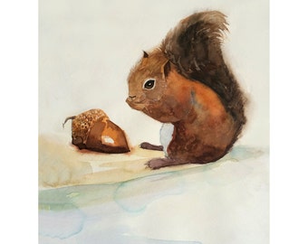 Aquarel gicleeprint eekhoorn met eikel, bosrijke kinderkamerkunst