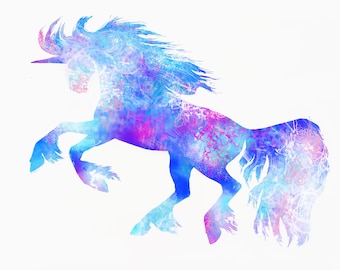 Art du cheval, Dessin de licorne, Peinture de licorne, Décor de mur de cheval, Blanc et Bleu, Cadeau de cheval, cadeau pour elle, impression d’art, décor bleu à la maison