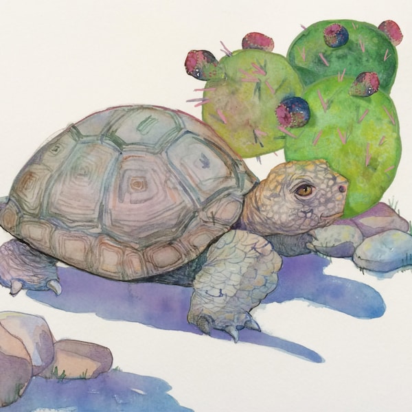 Watercolor Desert Tortoise Painting, Tortoise Art Print, Western Art, Desert Painting, Tortoise and Cactus Art, Cactus Art