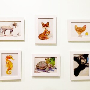 May include: Six framed watercolor paintings of various animals, including a horse, fox, chicken, seahorse, turtle, and bear.