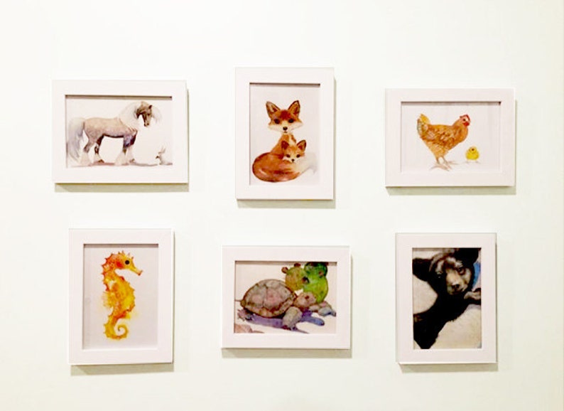 May include: Six framed watercolor paintings of various animals, including a horse, fox, chicken, seahorse, turtle, and bear.