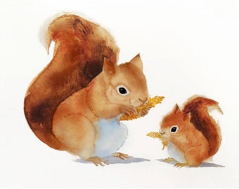 Eekhoorn moeder en baby aquarelprint, bosrijke kinderkamerdecoratie