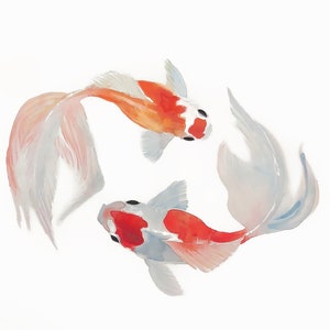 Watercolor Goldfish Print, Gold and White Painting, Sumi Art, Cute Nursery Decor, Gift for Her, Orange and White, Fish Art image 1