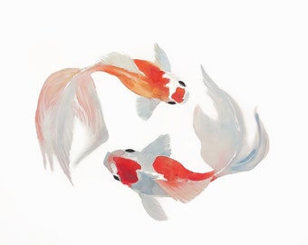 Watercolor Goldfish Print, Gold and White Painting, Sumi Art, Cute Nursery Decor, Gift for Her, Orange and White, Fish Art