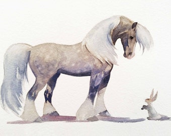 Watercolor dapple gray horse and bunny giclee art print, Gray and white home decor gift or a cute woodland nature print for a nursery wall