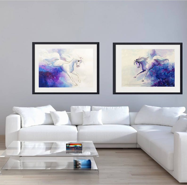 Watercolor Horse Painting Mare and Foal Art Blue and White Wall Decor