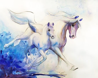 Watercolor Horse painting Mare and Foal art Blue and white Wall Decor Horse Lovers Gift Home Art Pen and Ink Drawing Horse home decor