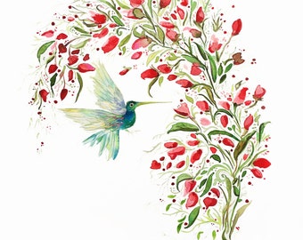 Aquarel gicleeprint kolibrie en bloem