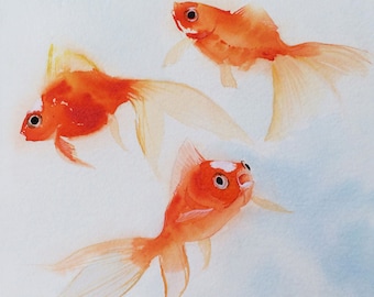 Goldfish Print, Goldfish Art,Delicate swimming goldfish Watercolor , Fish painting,  Art, Wall Decor, Pet Art, Orange and Blue Color scheme